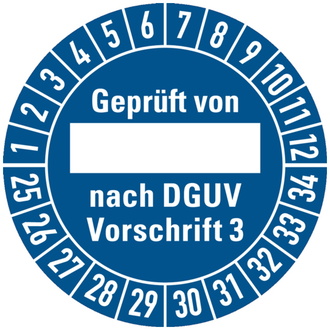 Prüfplakette Geprüft von, nach DGUV Vorschrift 3 ab 25 - 30 mm, Folie selbstklebend