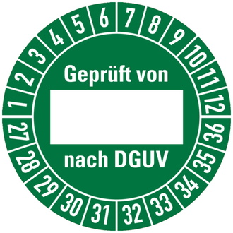 Prüfplakette geprüft von ... nach DGUV ab 2027, grün/we - 30 mm, Folie selbstklebend