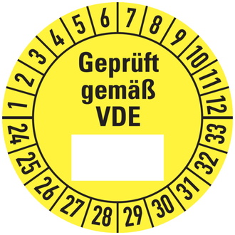 Etikett Geprüft gemäß VDE ab 24 gelb/schwarz - 30 mm, Folie selbstklebend