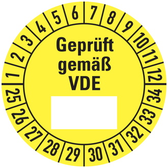 Etikett Geprüft gemäß VDE ab 25, gelb/schwarz - 30 mm, Folie selbstklebend