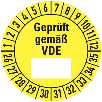 Etikett Geprüft gemäß VDE ab 26, gelb/schwarz - 30 mm, Folie selbstklebend