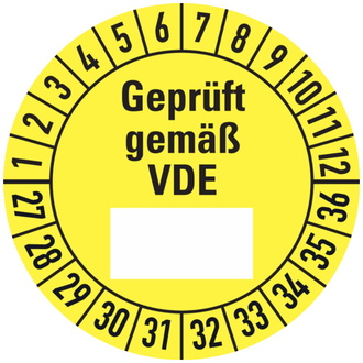 Etikett Geprüft gemäß VDE ab 27, gelb/schwarz - 30 mm, Folie selbstklebend