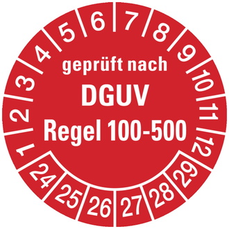 Prüfplakette geprüft nach DGUV Regel 100- 500 ab 24 rot - 30 mm, Folie selbstklebend