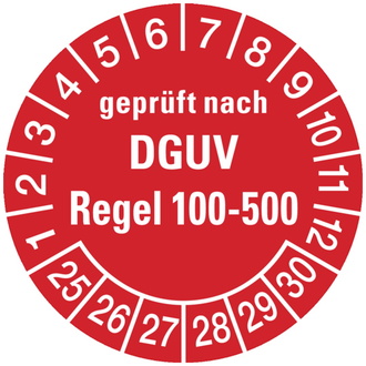 Prüfplakette geprüft nach DGUV Regel 100- 500 ab 25 rot - 30 mm, Folie selbstklebend