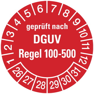 Prüfplakette geprüft nach DGUV Regel 100- 500 ab 26 rot - 30 mm, Folie selbstklebend