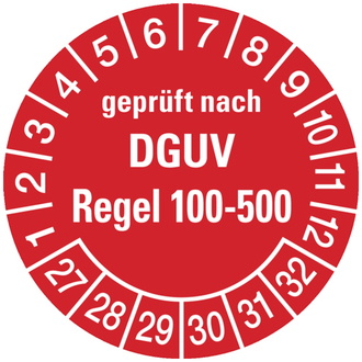 Prüfplakette geprüft nach DGUV Regel 100- 500 ab 27 rot - 30 mm, Folie selbstklebend