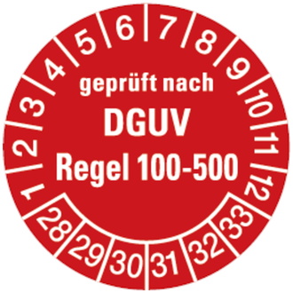 Prüfplakette geprüft nach DGUV Regel 100- 500 ab 28 rot - 30 mm, Folie selbstklebend