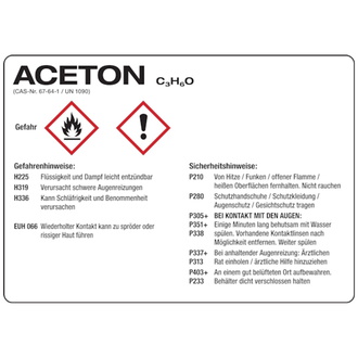 Gefahrstoffetikett, Aceton, Folie, mit H- und P-Sät - 105x74 mm, Folie selbstklebend