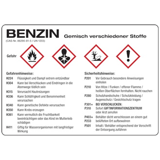 Gefahrstoffetikett, Benzin, Folie, mit H- und P-Sät - 105x74 mm, Folie selbstklebend