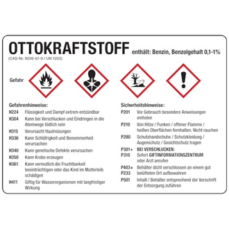 Gefahrstoffetikett, Ottokraftstoff, Benzin, Folie, - 105x74 mm, Folie selbstklebend