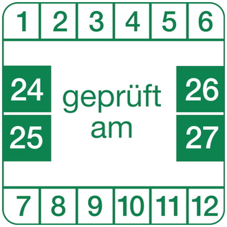 Prüfplakette weiß/grün, geprüft, ab 2024 - 30x30 mm, Folie selbstklebend