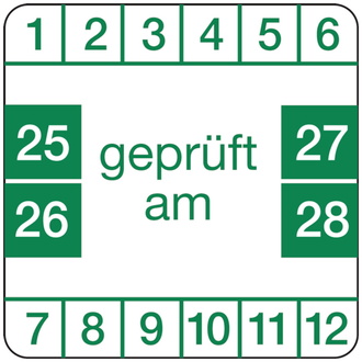 Prüfplakette weiß/grün, geprüft, ab 2025 - 30x30 mm, Folie selbstklebend