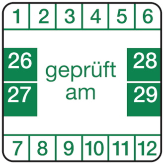 Prüfplakette weiß/grün, geprüft, ab 2026 - 30x30 mm, Folie selbstklebend