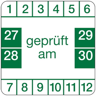 Prüfplakette weiß/grün, geprüft, ab 2027 - 30x30 mm, Folie selbstklebend