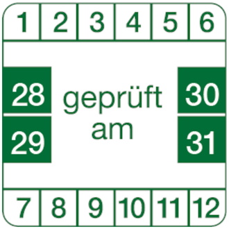 Prüfplakette weiß/grün, geprüft, ab 2028 - 30x30 mm, Folie selbstklebend