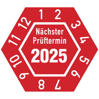 Prüfplakette Nächster Prüftermin 2025 sechseckig, ro - 30x26 mm, Folie selbstklebend