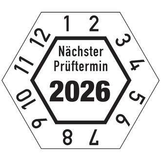 Prüfplakette Nächster Prüftermin 2026, sechseckig, w - 30x26 mm, Folie selbstklebend