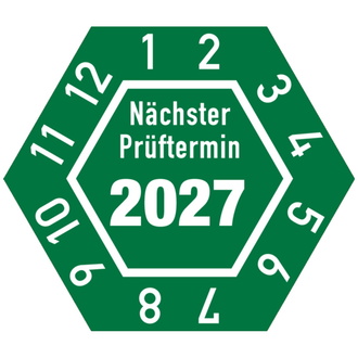 Prüfplakette Nächster Prüftermin 2027, sechseckig, g - 30x26 mm, Folie selbstklebend