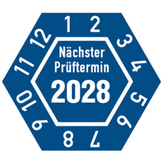 Prüfplakette Nächster Prüftermin 2028, sechseckig, b - 30x26 mm, Folie selbstklebend