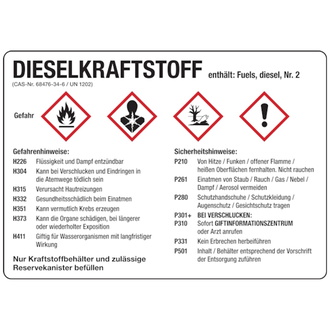 Gefahrstoffetikett, Dieselkraftstoff, Folie, mit H- - 105x74 mm, Folie selbstklebend