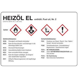 Gefahrstoffetikett, Heizöl EL, Folie, mit H- und P- - 105x74 mm, Folie selbstklebend