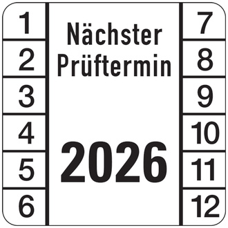 Prüfplakette Nächster Prüftermin 2026, eckig, weiß/s - 30x30 mm, Folie selbstklebend