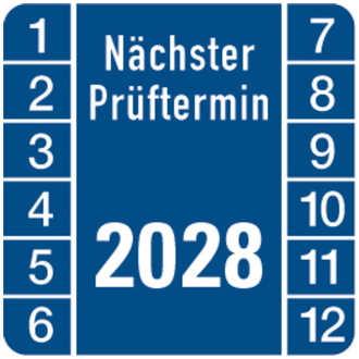 Prüfplakette Nächster Prüftermin 2028, eckig, blau/w - 30x30 mm, Folie selbstklebend