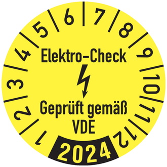 Jahresprüfplakette, Elektro-Check Geprüft gem. VDE, gel - 30 mm, Folie selbstklebend