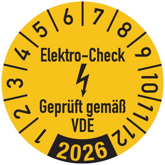 Jahresprüfplakette, Elektro-Check Geprüft gem. VDE, gel - 30 mm, Folie selbstklebend