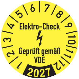 Jahresprüfplakette, Elektro-Check Geprüft gem. VDE, gel - 30 mm, Folie selbstklebend