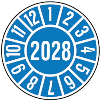 Jahresprüfplakette blau/weiß 2028 - 35 mm, Folie selbstklebend