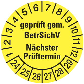 Prüfplakette, BetrSichV Nächster Prüftermin, gelb/schwa - 30 mm, Folie selbstklebend