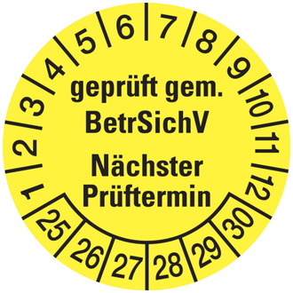 Prüfplakette, BetrSichV Nächster Prüftermin, gelb/schwa - 30 mm, Folie selbstklebend