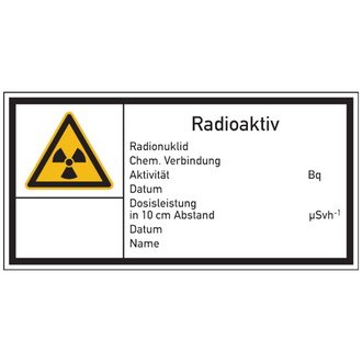 Warnschild Strahlenschutz Radioaktiv (E10) - 148x74 mm, Folie selbstklebend