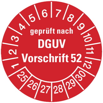 Prüfplakette geprüft nach DGUV Vorschrift 52, ab 25 rot - 30 mm, Folie selbstklebend