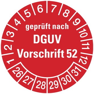 Prüfplakette geprüft nach DGUV Vorschrift 52, ab 26 rot - 30 mm, Folie selbstklebend