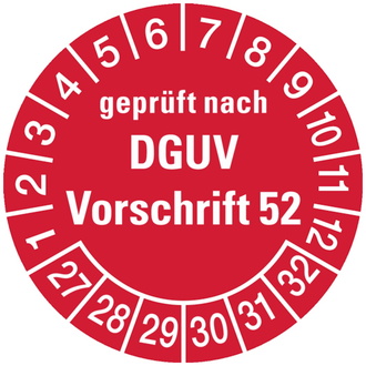 Prüfplakette geprüft nach DGUV Vorschrift 52, ab 27 rot - 30 mm, Folie selbstklebend