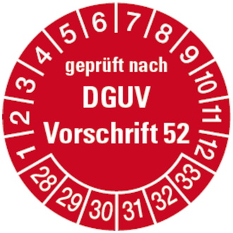 Prüfplakette geprüft nach DGUV Vorschrift 52, ab 28 rot - 30 mm, Folie selbstklebend