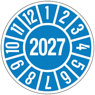 Jahresprüfplakette blau/weiß 2027 - 35 mm, Folie selbstklebend