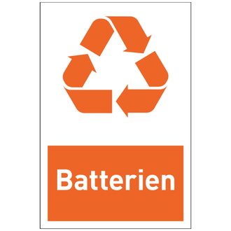 Recycling-Schild Batterien weiß/orange - 100x150 mm, Folie selbstklebend