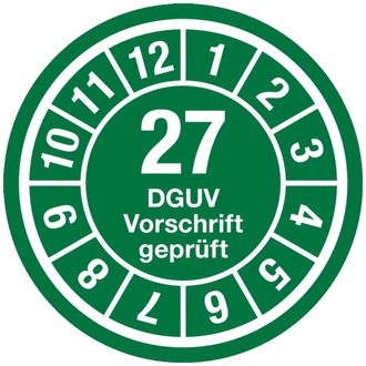 Prüfplakette DGUV "27" grün/weiß (alte Norm: UVV) - 35 mm, Folie selbstklebend