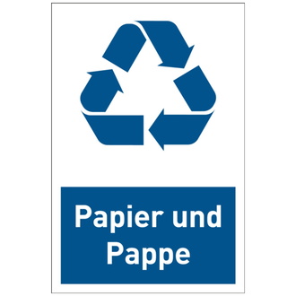 Recycling-Schild Papier und Pappe weiß/blau - 100x150 mm, Folie selbstklebend