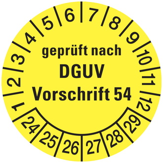 Prüfplakette, geprüft nach DGUV Vorschrift 54, gelb/sch - 30 mm, Folie selbstklebend