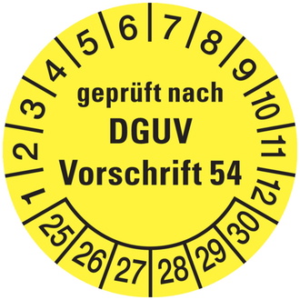 Prüfplakette, geprüft nach DGUV Vorschrift 54, gelb/sch - 30 mm, Folie selbstklebend