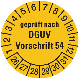 Prüfplakette, geprüft nach DGUV Vorschrift 54, gelb/sch - 30 mm, Folie selbstklebend