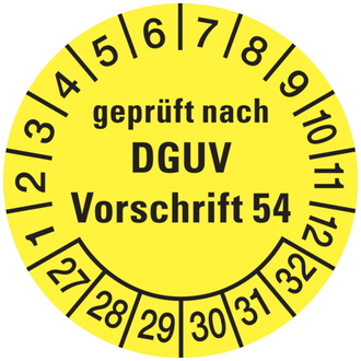 Prüfplakette, geprüft nach DGUV Vorschrift 54, gelb/sch - 30 mm, Folie selbstklebend