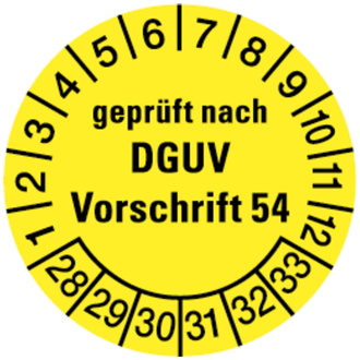 Prüfplakette, geprüft nach DGUV Vorschrift 54, gelb/sch - 30 mm, Folie selbstklebend