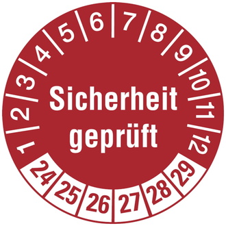 Prüfetikett Sicherheit geprüft ab 24 rot/weiß - 30 mm, Folie selbstklebend