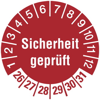 Prüfetikett Sicherheit geprüft ab 26 rot/weiß - 30 mm, Folie selbstklebend