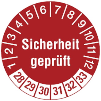 Prüfetikett Sicherheit geprüft ab 28 rot/weiß - 30 mm, Folie selbstklebend